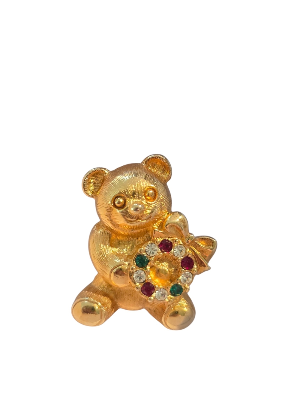 Avon Gold Teddy Bear Brooch with Multicolor Rhinestone Wreath